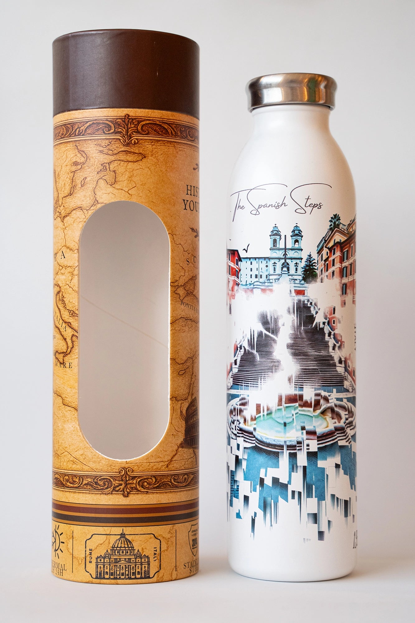 Luxury reusable thermal water bottle inspired by Spanish Steps in Rome, with eco-friendly collectible packaging by RomAntica Design – perfect Italian souvenir and gift.