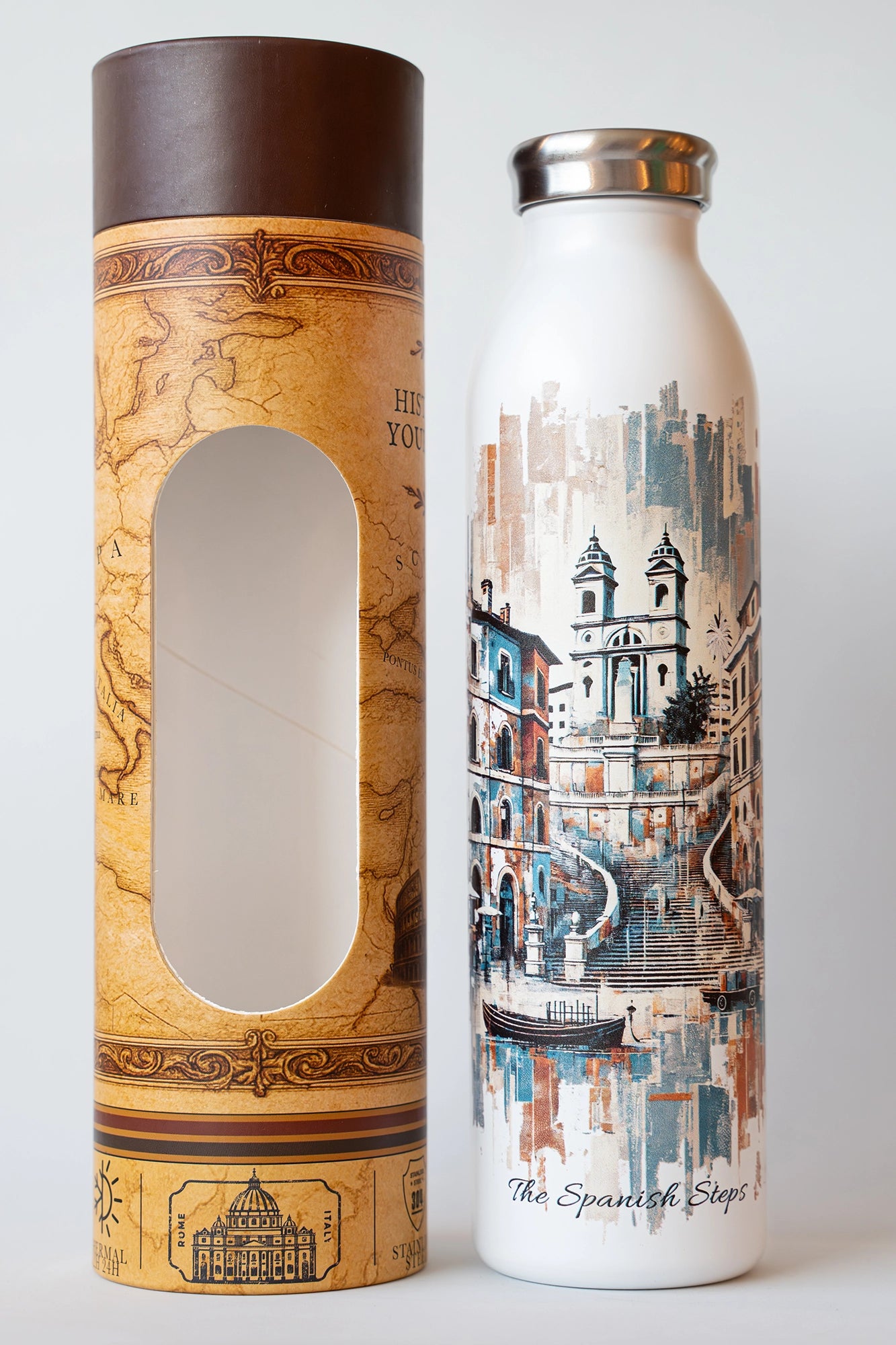 Luxury reusable thermal water bottle inspired by the Spanish Steps in Rome, with eco-friendly collectible packaging by RomAntica Design – perfect Italian souvenir and gift.