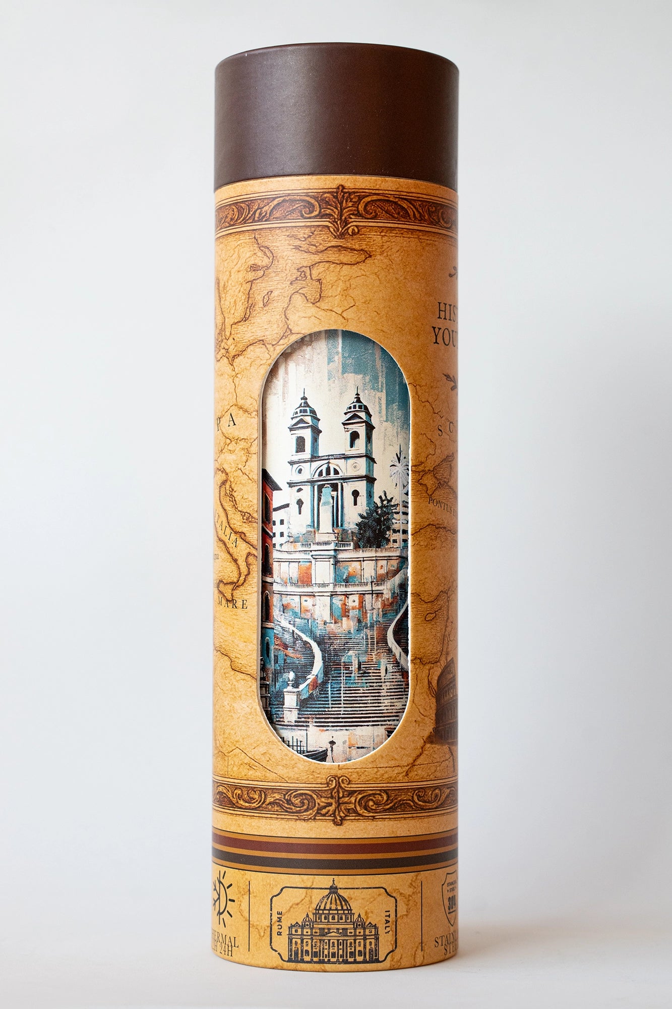 Luxury reusable thermal water bottle inspired by the Spanish Steps in Rome, with eco-friendly collectible packaging by RomAntica Design – perfect Italian souvenir and gift.