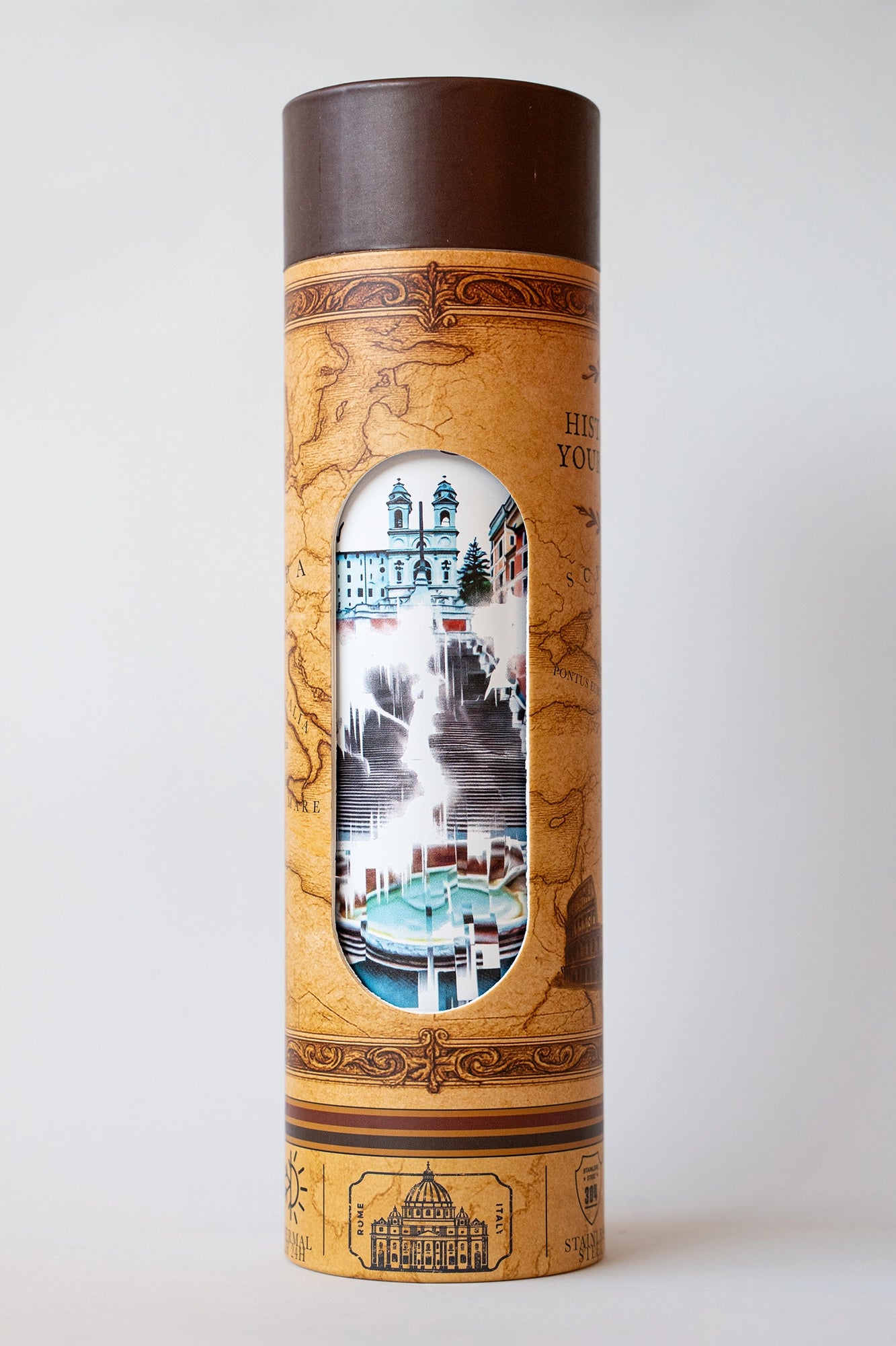 Luxury reusable thermal water bottle inspired by Spanish Steps in Rome, with eco-friendly collectible packaging by RomAntica Design – perfect Italian souvenir and gift.