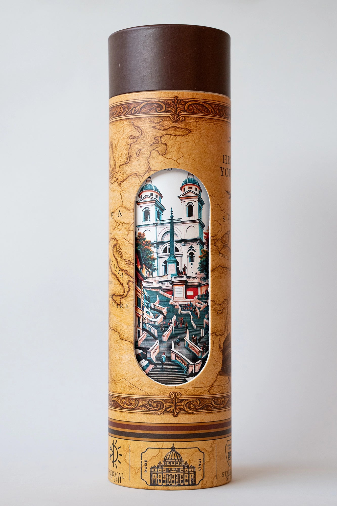 Luxury reusable thermal water bottle inspired by Spanish Steps in Rome, with eco-friendly collectible packaging by RomAntica Design – perfect Italian souvenir and gift.