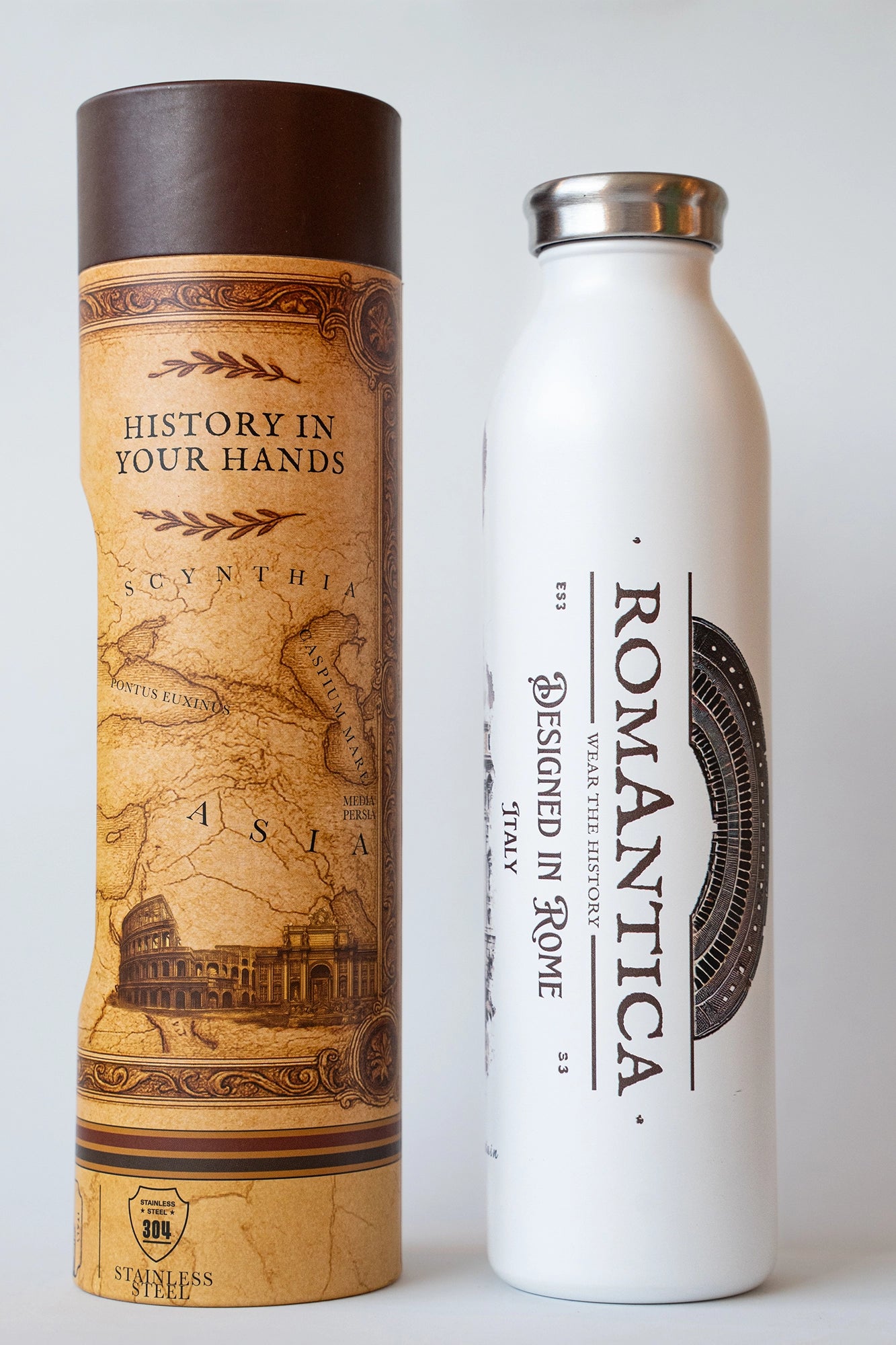 Luxury reusable thermal water bottle inspired by Trevi fountain in Rome, with eco-friendly collectible packaging by RomAntica Design – perfect Italian souvenir and gift.