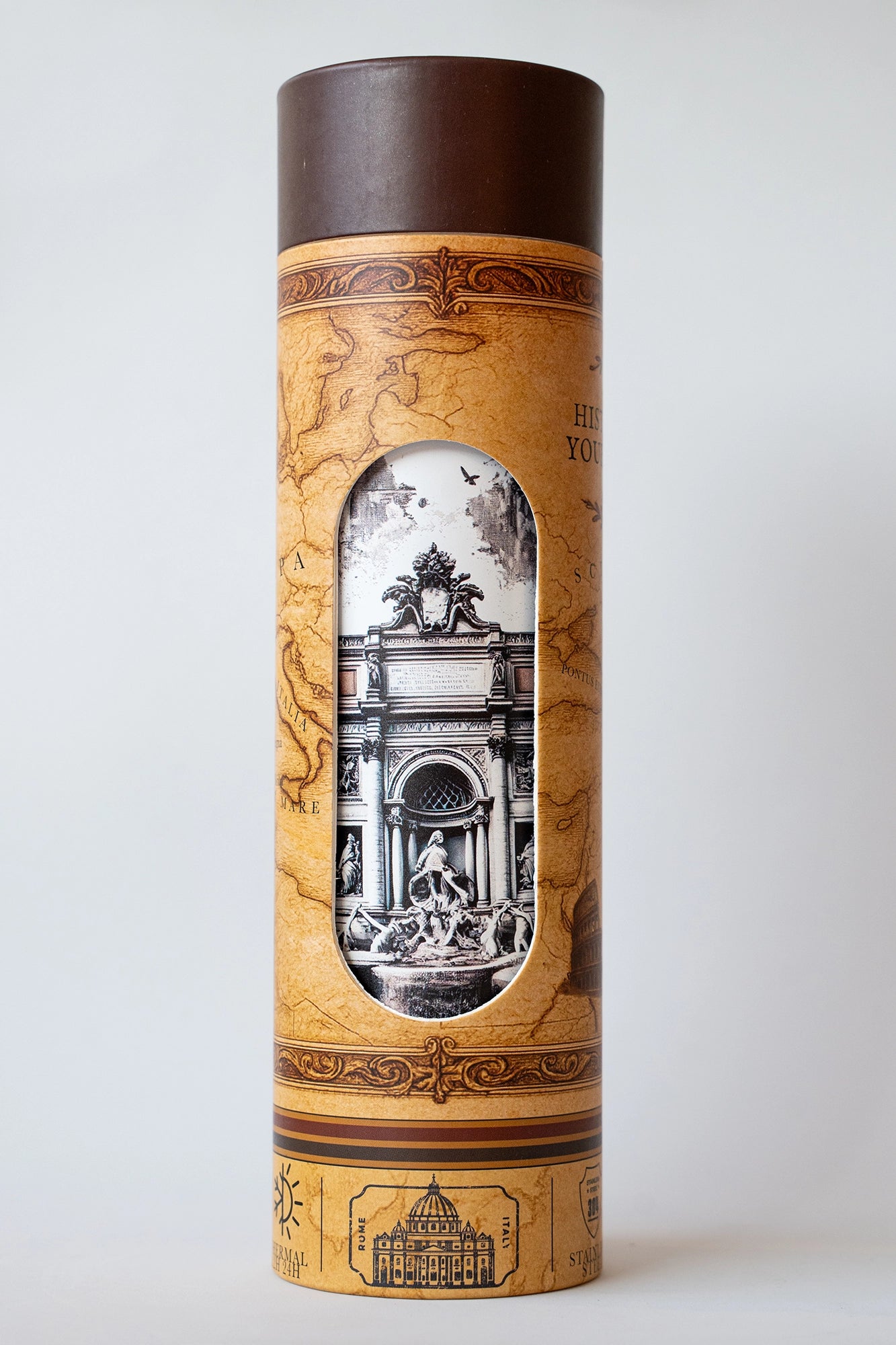 Luxury reusable thermal water bottle inspired by Trevi fountain in Rome, with eco-friendly collectible packaging by RomAntica Design – perfect Italian souvenir and gift.