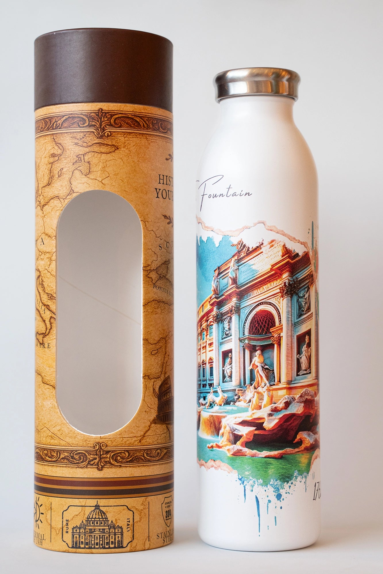 Luxury reusable thermal water bottle inspired by Trevi fountain in Rome, with eco-friendly collectible packaging by RomAntica Design – perfect Italian souvenir and gift.