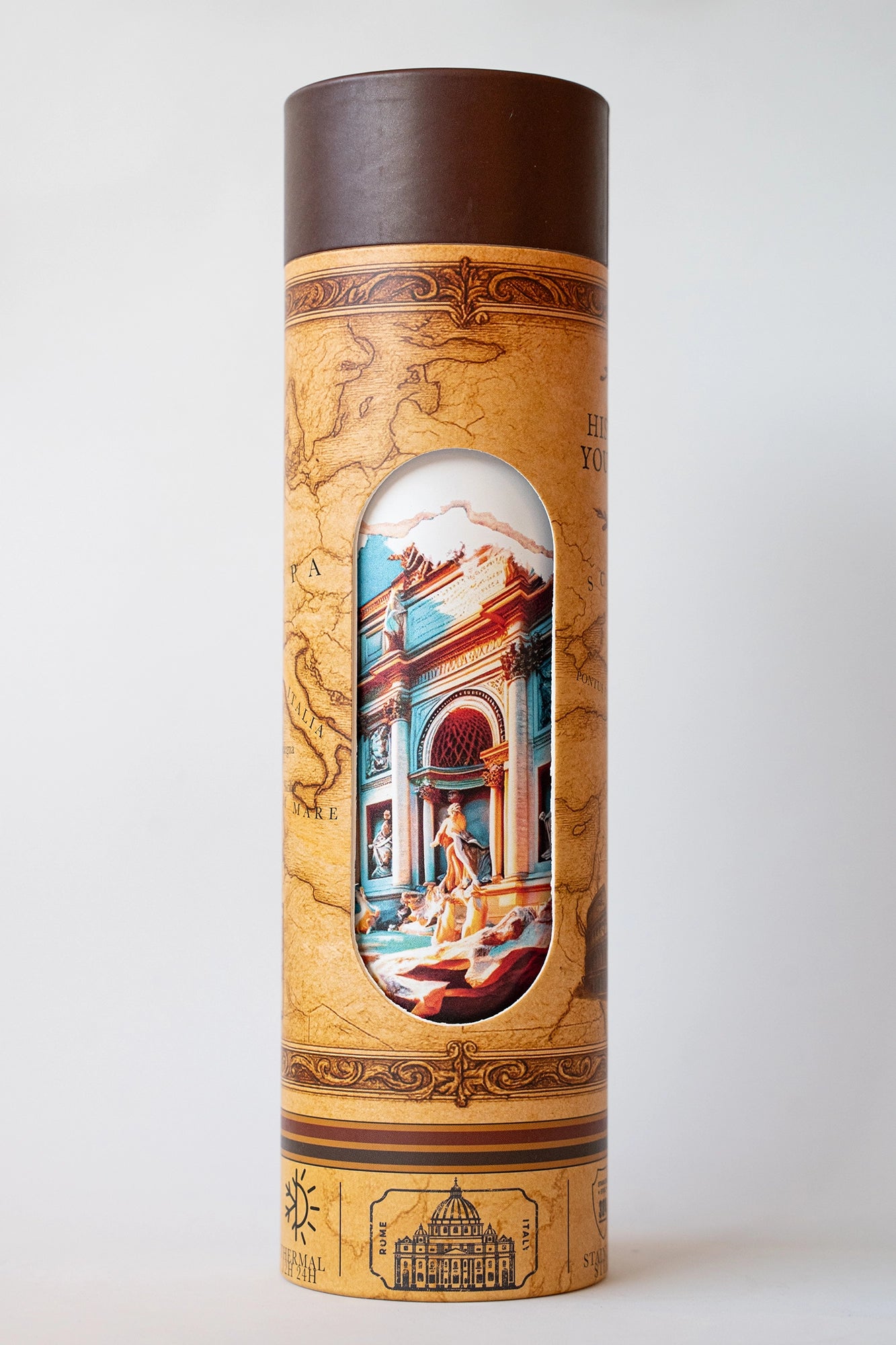 Luxury reusable thermal water bottle inspired by Trevi fountain in Rome, with eco-friendly collectible packaging by RomAntica Design – perfect Italian souvenir and gift.