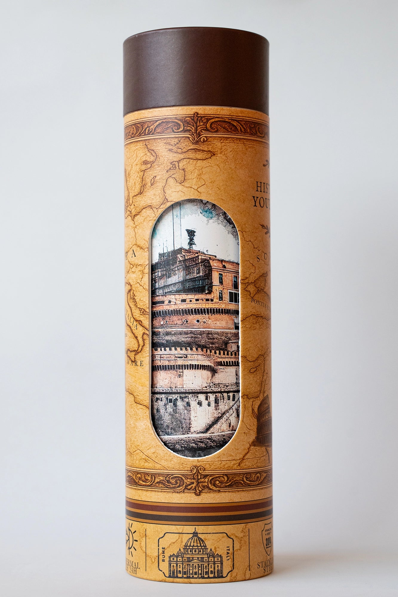 Luxury reusable thermal water bottle inspired by Castel Sant'Angelo in Rome on Jubilee 2025, with eco-friendly collectible packaging by RomAntica Design – perfect Italian souvenir and gift.