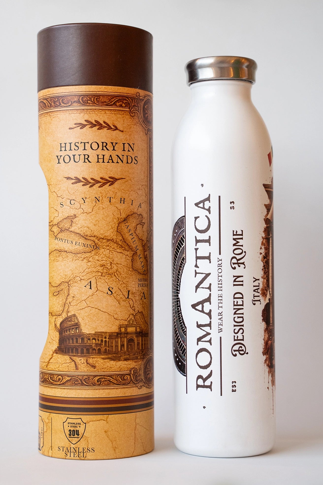 Luxury reusable thermal water bottle inspired by the San Pietro in Rome on Jubilee 2025, with eco-friendly collectible packaging by RomAntica Design – perfect Italian souvenir and gift.