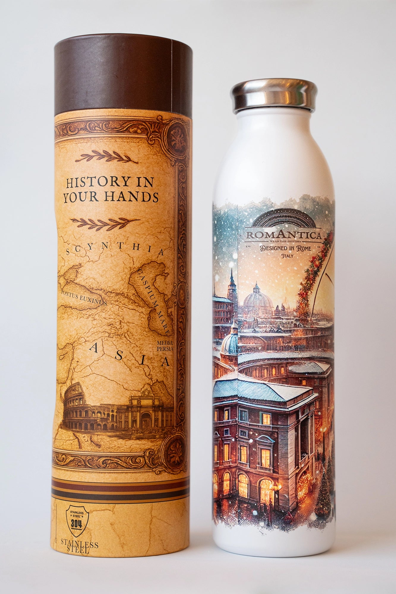 Luxury reusable thermal water bottle inspired by the San Pietro in Rome on Jubilee 2025, with eco-friendly collectible packaging by RomAntica Design – perfect Italian souvenir and gift.