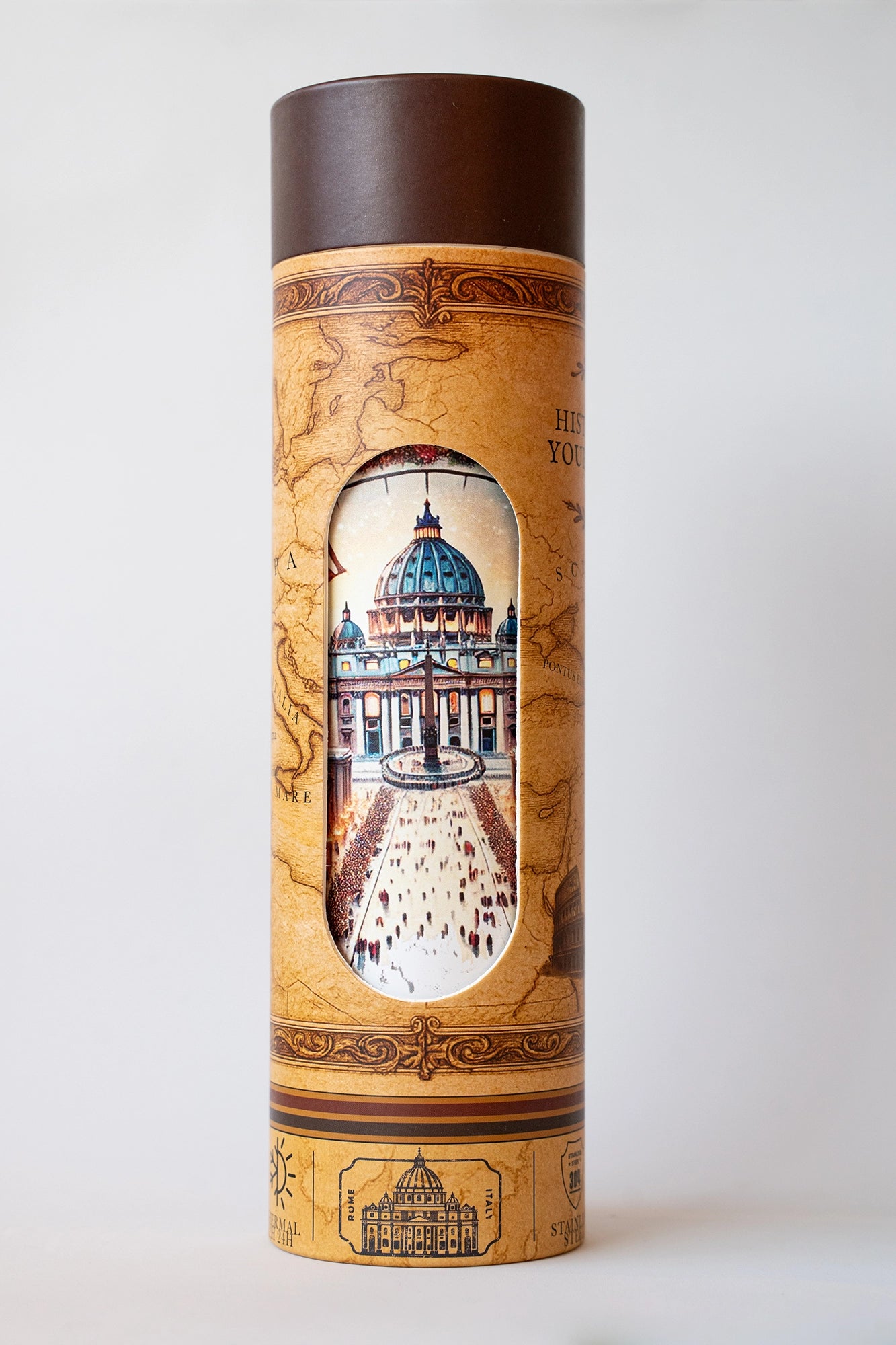 Luxury reusable thermal water bottle inspired by the San Pietro in Rome on Jubilee 2025, with eco-friendly collectible packaging by RomAntica Design – perfect Italian souvenir and gift.