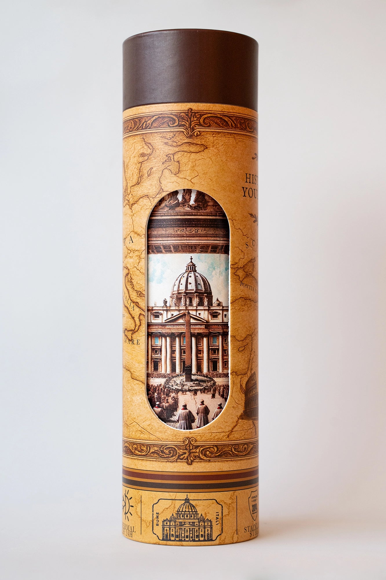 Luxury reusable thermal water bottle inspired by the San Pietro in Rome on Jubilee 2025, with eco-friendly collectible packaging by RomAntica Design – perfect Italian souvenir and gift.