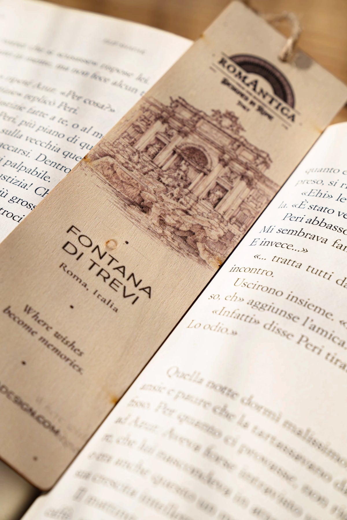 RomAntica Design wood bookmark Trevi Fountain illustration — natural wood Rome souvenir