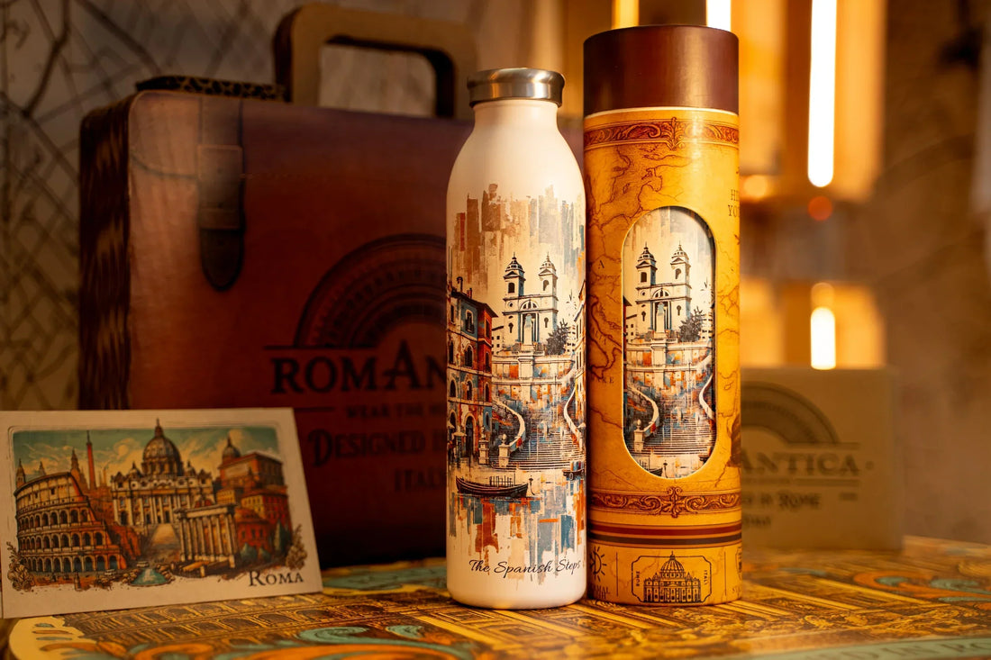 RomAntica Design Spanish Steps thermal bottle with exclusive collectible packaging — premium Italian design quality craftsmanship Rome