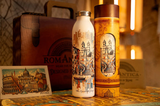 RomAntica Design Spanish Steps thermal bottle with exclusive collectible packaging — premium Italian design quality craftsmanship Rome