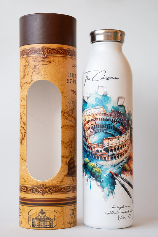 Luxury reusable thermal water bottle inspired by the Colosseum in Rome, with eco-friendly collectible packaging by RomAntica Design – perfect Italian souvenir and gift.