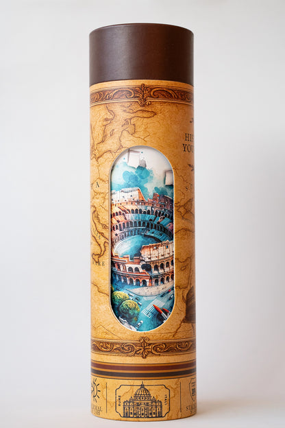 Luxury reusable thermal water bottle inspired by the Colosseum in Rome, with eco-friendly collectible packaging by RomAntica Design – perfect Italian souvenir and gift.