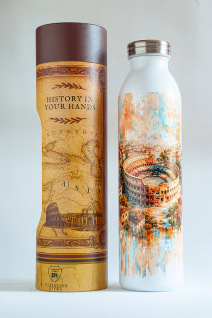 Luxury reusable thermal water bottle inspired by the Colosseo in Rome, with eco-friendly collectible packaging by RomAntica Design – perfect Italian souvenir and gift.