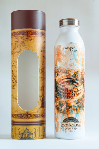 Luxury reusable thermal water bottle inspired by the Colosseo in Rome, with eco-friendly collectible packaging by RomAntica Design – perfect Italian souvenir and gift.