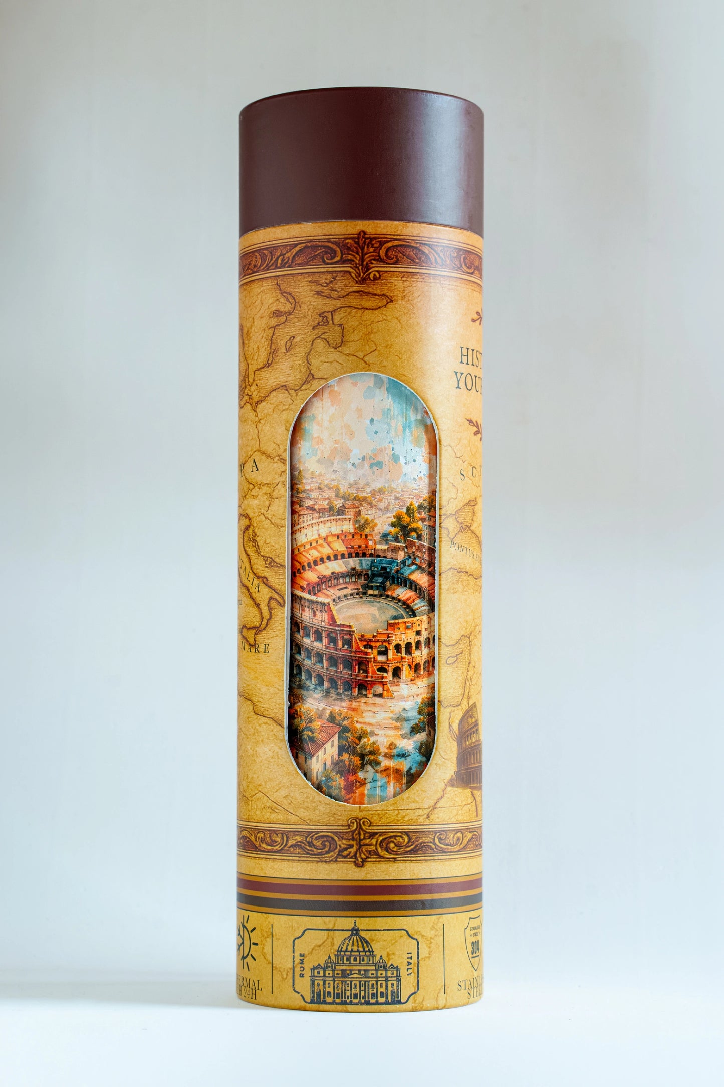 Luxury reusable thermal water bottle inspired by the Colosseo in Rome, with eco-friendly collectible packaging by RomAntica Design – perfect Italian souvenir and gift.
