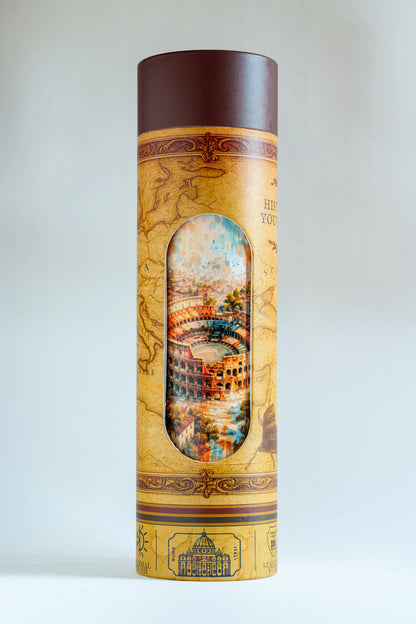 Luxury reusable thermal water bottle inspired by the Colosseo in Rome, with eco-friendly collectible packaging by RomAntica Design – perfect Italian souvenir and gift.