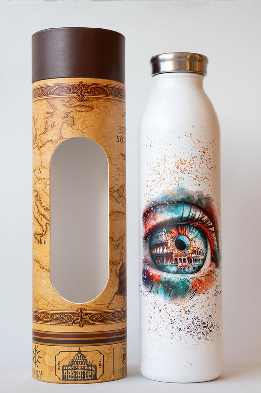 Luxury reusable thermal water bottle inspired by the Colosseum in Rome, with eco-friendly collectible packaging by RomAntica Design – perfect Italian souvenir and gift.
