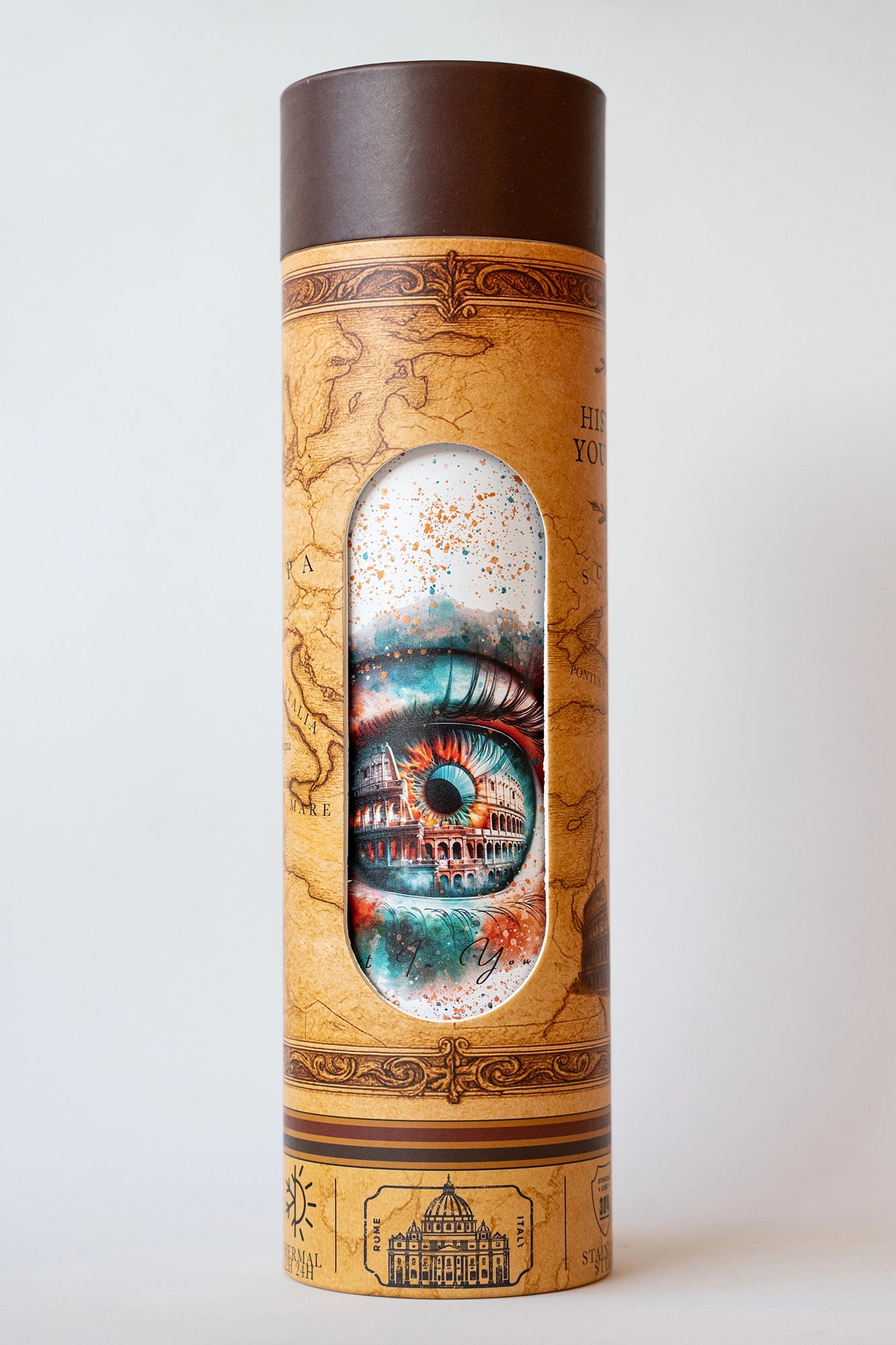 Luxury reusable thermal water bottle inspired by the Colosseum in Rome, with eco-friendly collectible packaging by RomAntica Design – perfect Italian souvenir and gift.