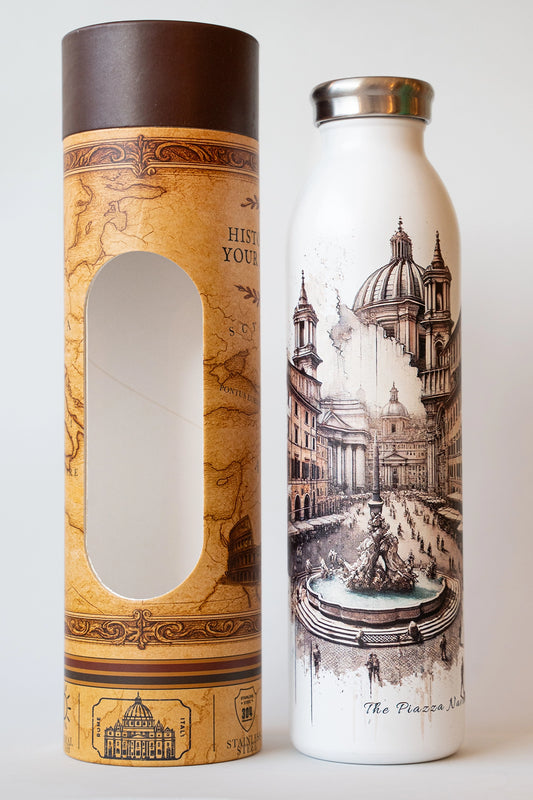 Luxury reusable thermal water bottle inspired by the Piazza Navona in Rome, with eco-friendly collectible packaging by RomAntica Design – perfect Italian souvenir and gift.