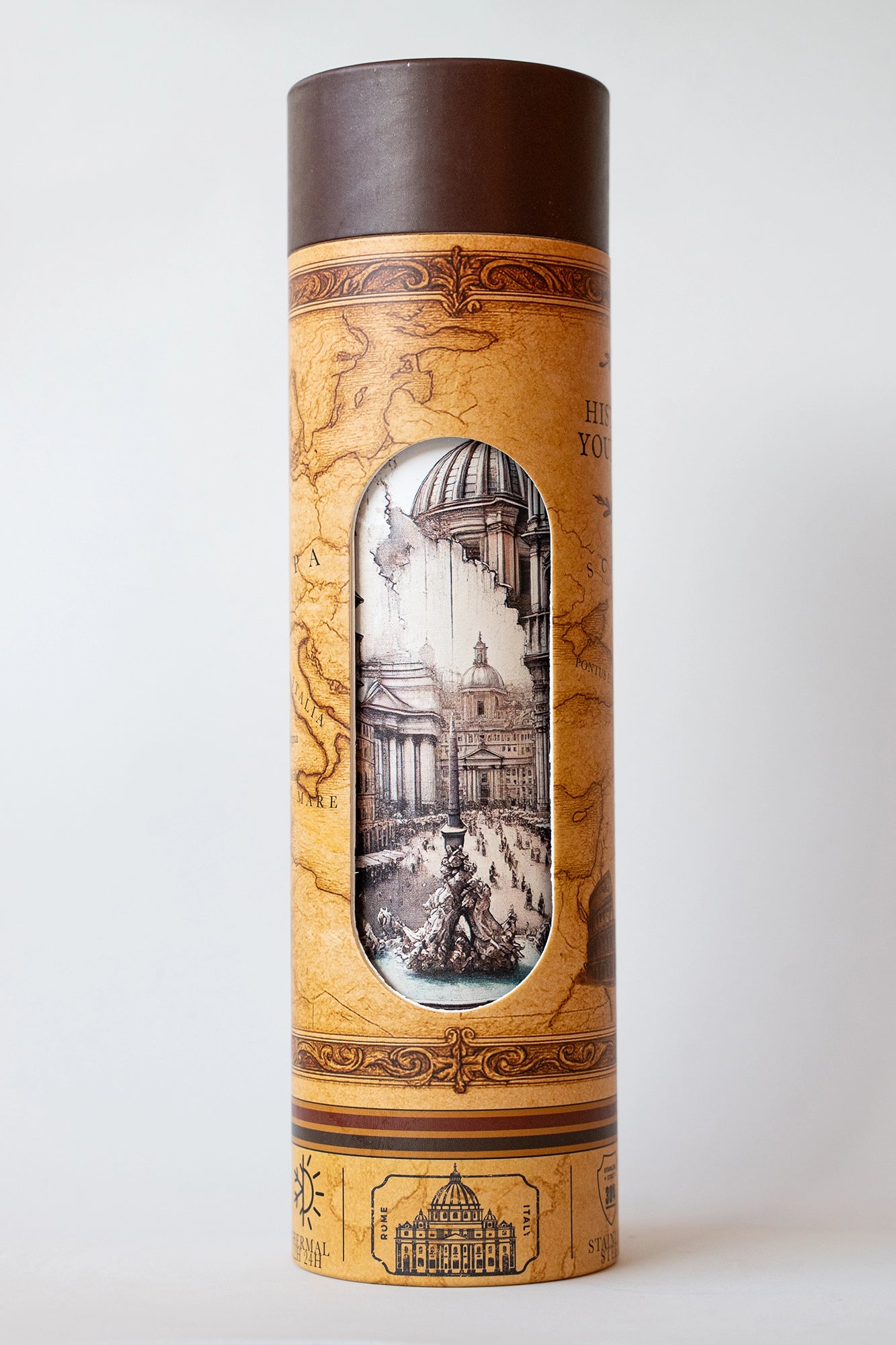 Luxury reusable thermal water bottle inspired by the Piazza Navona in Rome, with eco-friendly collectible packaging by RomAntica Design – perfect Italian souvenir and gift.