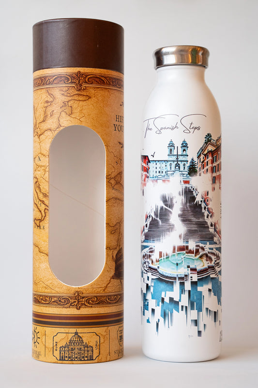 Luxury reusable thermal water bottle inspired by Spanish Steps in Rome, with eco-friendly collectible packaging by RomAntica Design – perfect Italian souvenir and gift.