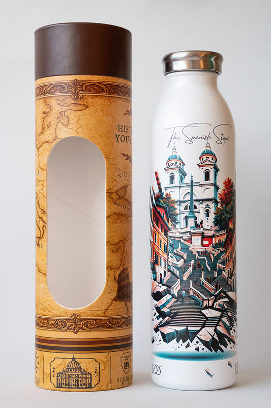 Luxury reusable thermal water bottle inspired by Spanish Steps in Rome, with eco-friendly collectible packaging by RomAntica Design – perfect Italian souvenir and gift.