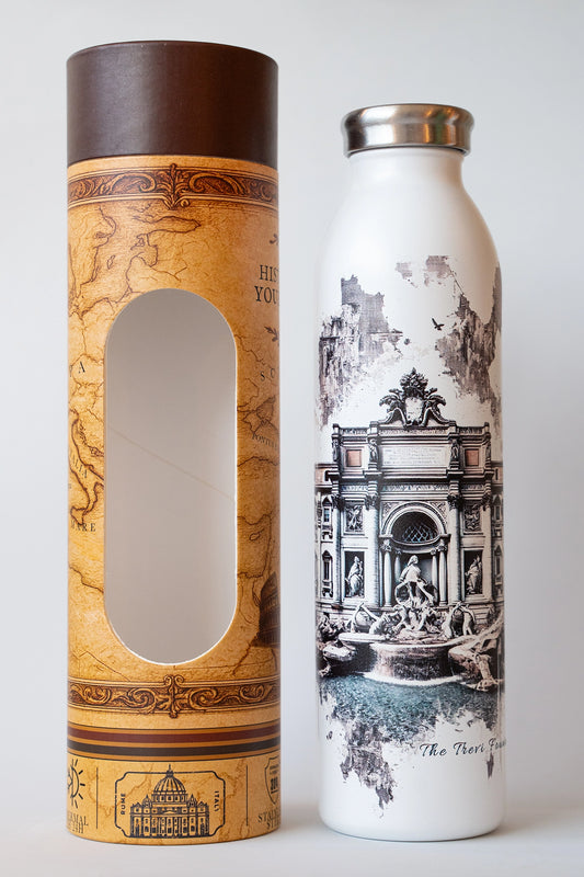 Luxury reusable thermal water bottle inspired by Trevi fountain in Rome, with eco-friendly collectible packaging by RomAntica Design – perfect Italian souvenir and gift.