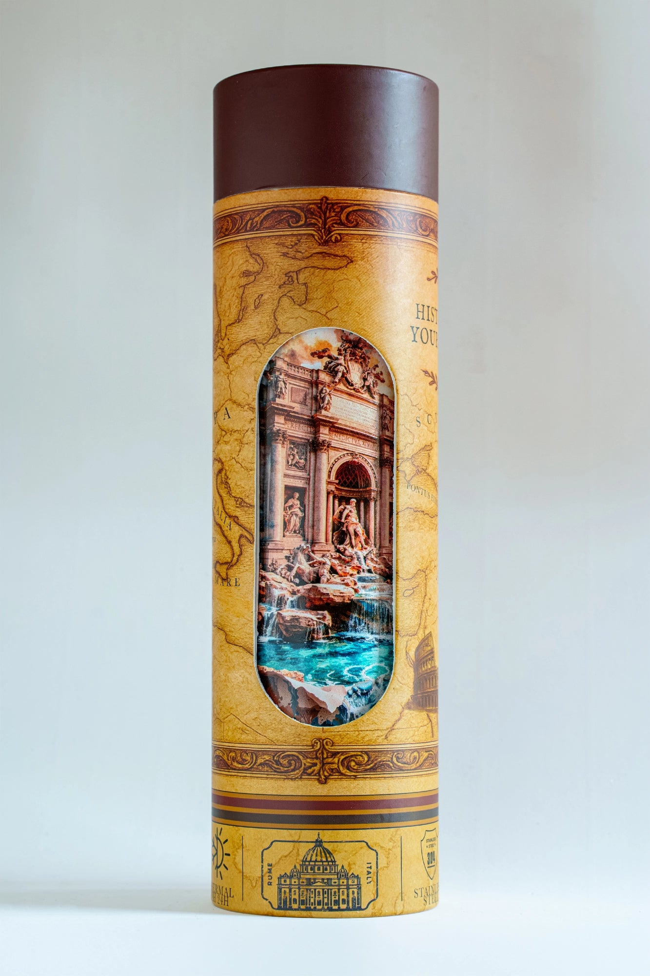 Luxury reusable thermal water bottle inspired by Trevi fountain in Rome, with eco-friendly collectible packaging by RomAntica Design – perfect Italian souvenir and gift.