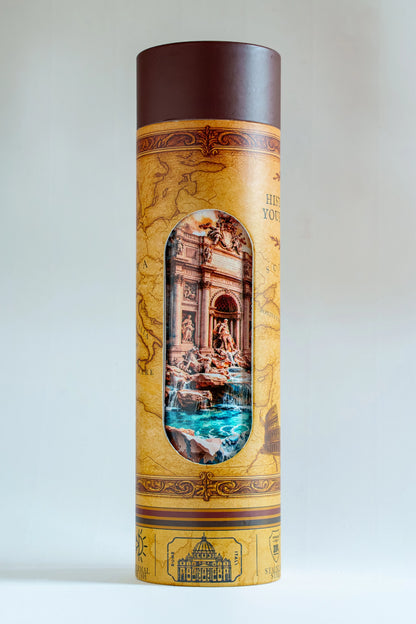 Luxury reusable thermal water bottle inspired by Trevi fountain in Rome, with eco-friendly collectible packaging by RomAntica Design – perfect Italian souvenir and gift.