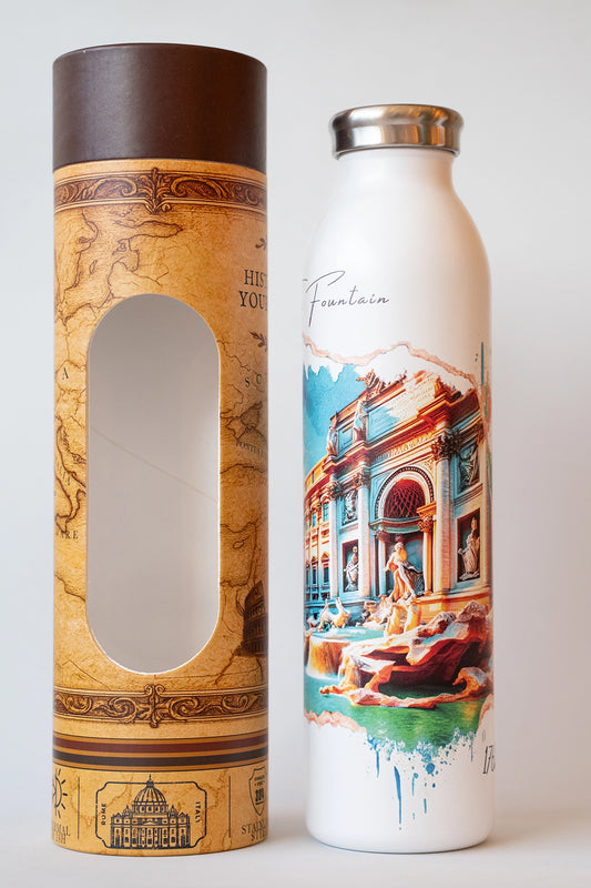 Luxury reusable thermal water bottle inspired by Trevi fountain in Rome, with eco-friendly collectible packaging by RomAntica Design – perfect Italian souvenir and gift.