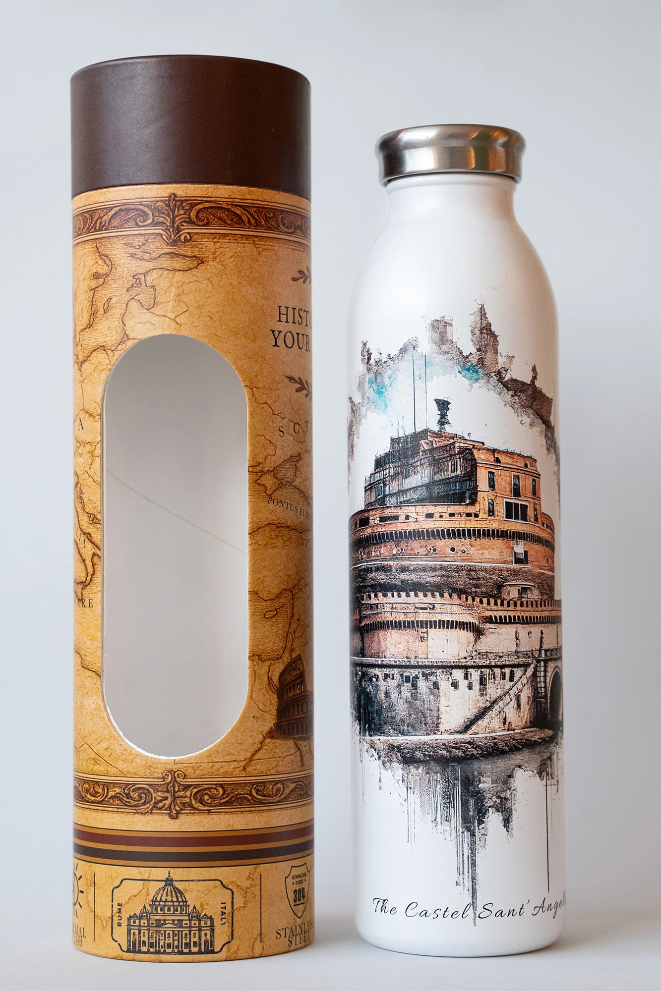 Luxury reusable thermal water bottle inspired by Castel Sant'Angelo in Rome on Jubilee 2025, with eco-friendly collectible packaging by RomAntica Design – perfect Italian souvenir and gift.