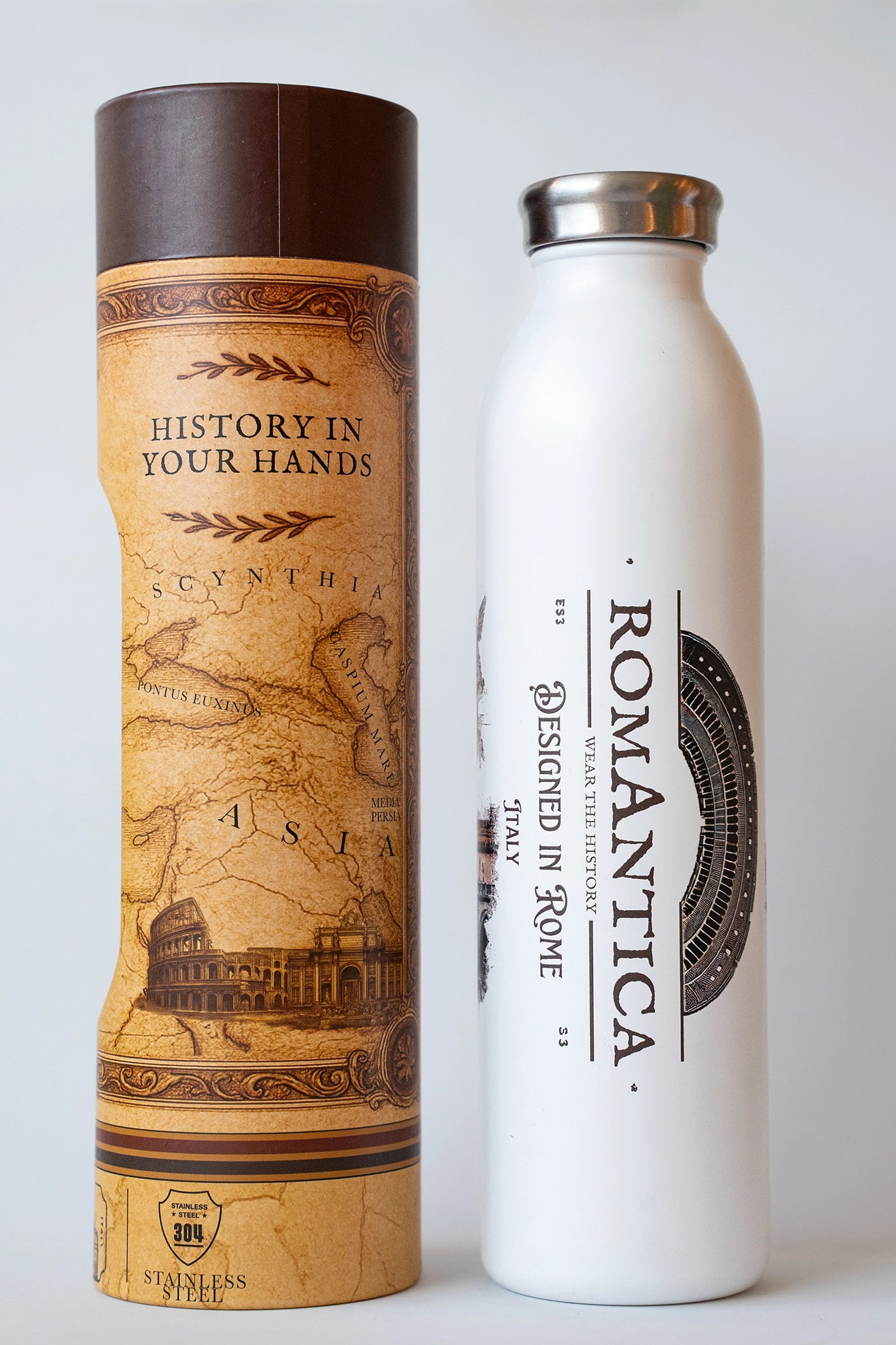 Luxury reusable thermal water bottle inspired by Castel Sant'Angelo in Rome on Jubilee 2025, with eco-friendly collectible packaging by RomAntica Design – perfect Italian souvenir and gift.
