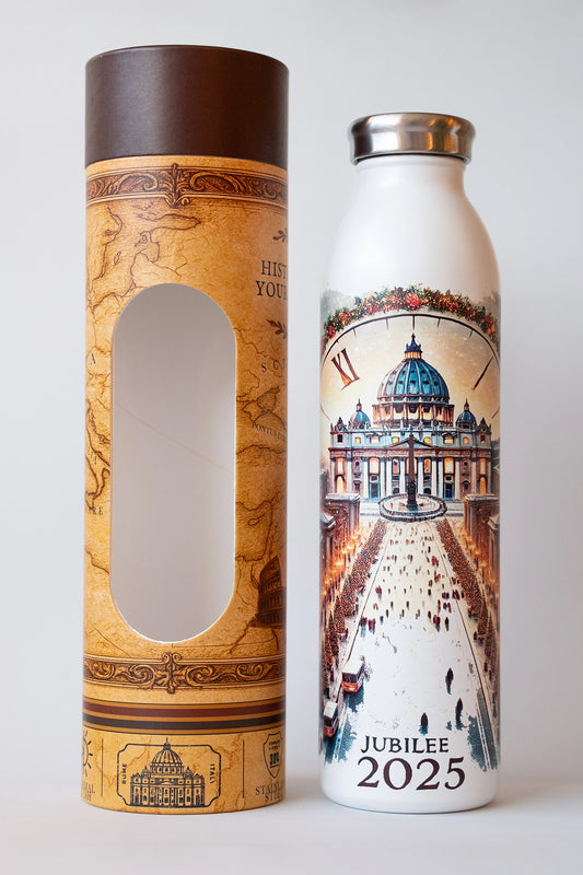 Luxury reusable thermal water bottle inspired by the San Pietro in Rome on Jubilee 2025, with eco-friendly collectible packaging by RomAntica Design – perfect Italian souvenir and gift.
