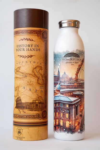 Luxury reusable thermal water bottle inspired by the San Pietro in Rome on Jubilee 2025, with eco-friendly collectible packaging by RomAntica Design – perfect Italian souvenir and gift.