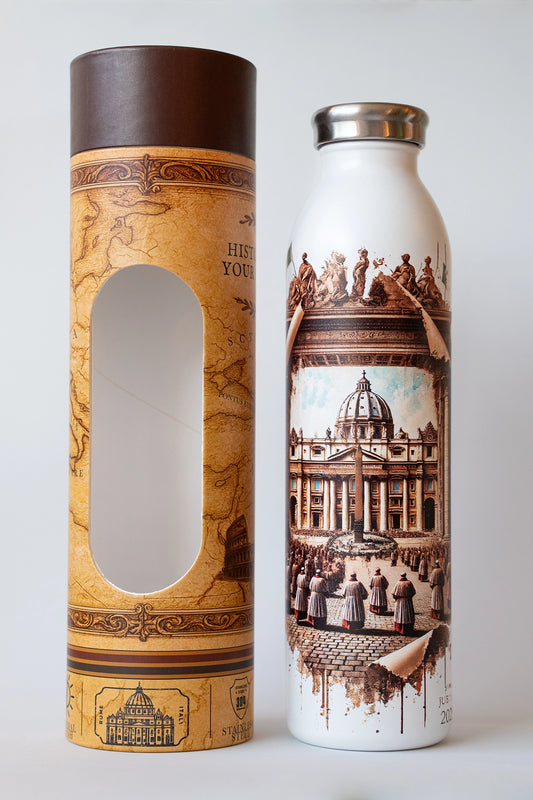 Luxury reusable thermal water bottle inspired by the San Pietro in Rome on Jubilee 2025, with eco-friendly collectible packaging by RomAntica Design – perfect Italian souvenir and gift.