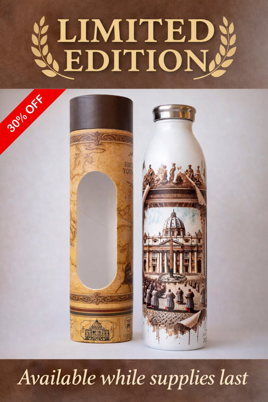 Luxury reusable thermal water bottle inspired by the San Pietro in Rome on Jubilee 2025, with eco-friendly collectible packaging by RomAntica Design – perfect Italian souvenir and gift.