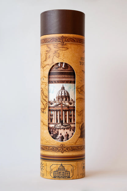 Luxury reusable thermal water bottle inspired by the San Pietro in Rome on Jubilee 2025, with eco-friendly collectible packaging by RomAntica Design – perfect Italian souvenir and gift.