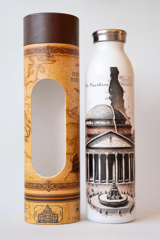 Luxury reusable thermal water bottle inspired by the Pantheon in Rome, with eco-friendly collectible packaging by RomAntica Design – perfect Italian souvenir and gift.