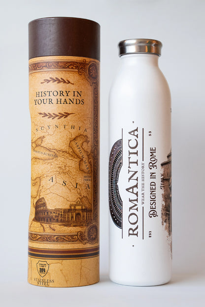Luxury reusable thermal water bottle inspired by the Pantheon in Rome, with eco-friendly collectible packaging by RomAntica Design – perfect Italian souvenir and gift.