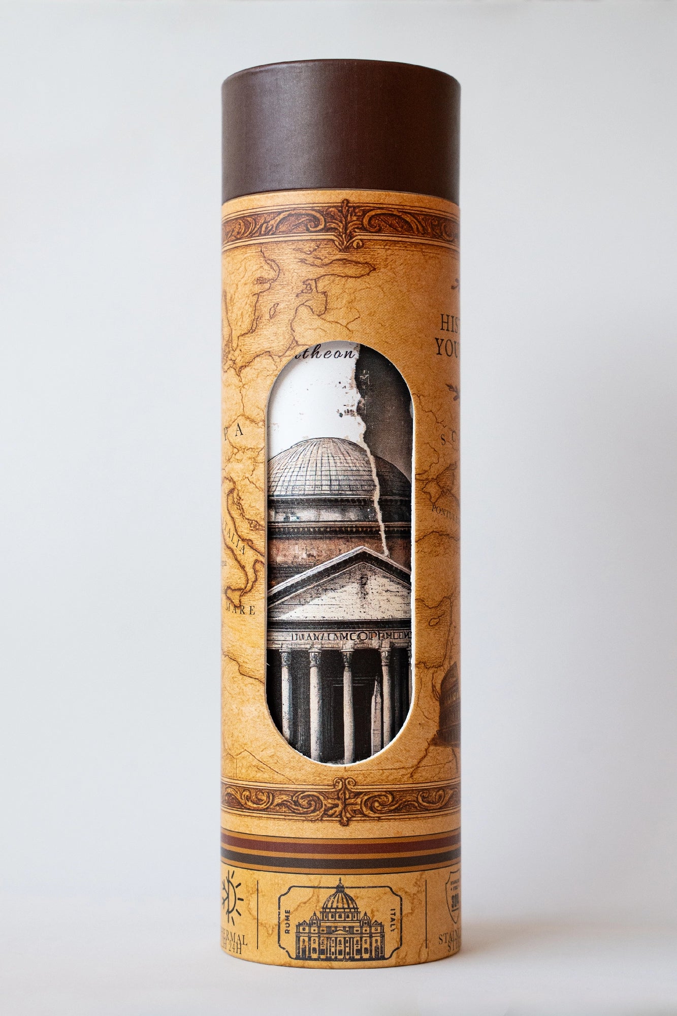 Luxury reusable thermal water bottle inspired by the Pantheon in Rome, with eco-friendly collectible packaging by RomAntica Design – perfect Italian souvenir and gift.