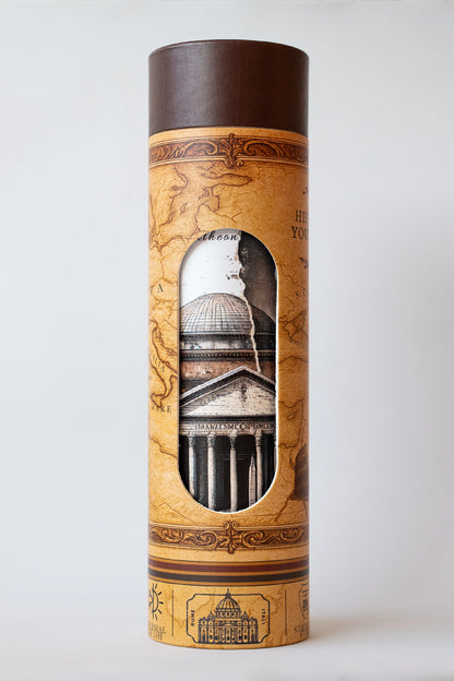 Luxury reusable thermal water bottle inspired by the Pantheon in Rome, with eco-friendly collectible packaging by RomAntica Design – perfect Italian souvenir and gift.