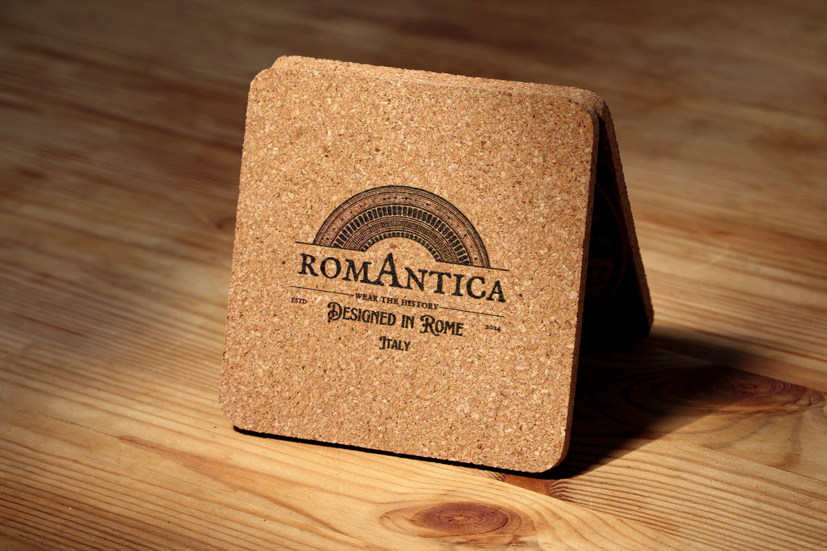 RomAntica Design cork coaster back — natural cork with Designed in Rome Italy brand stamp