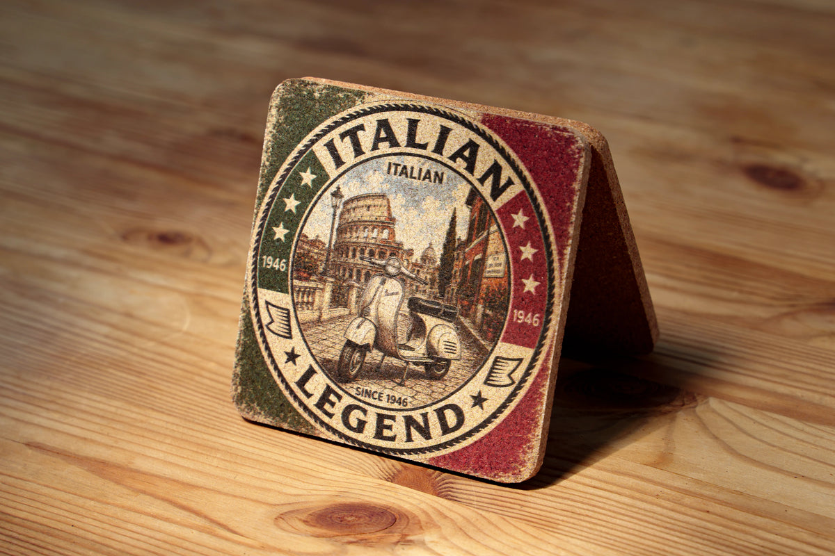 RomAntica Design cork coaster Italian Legend — Vespa and Colosseum tricolor illustration Rome souvenir