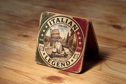 RomAntica Design cork coaster Italian Legend — Vespa and Colosseum tricolor illustration Rome souvenir