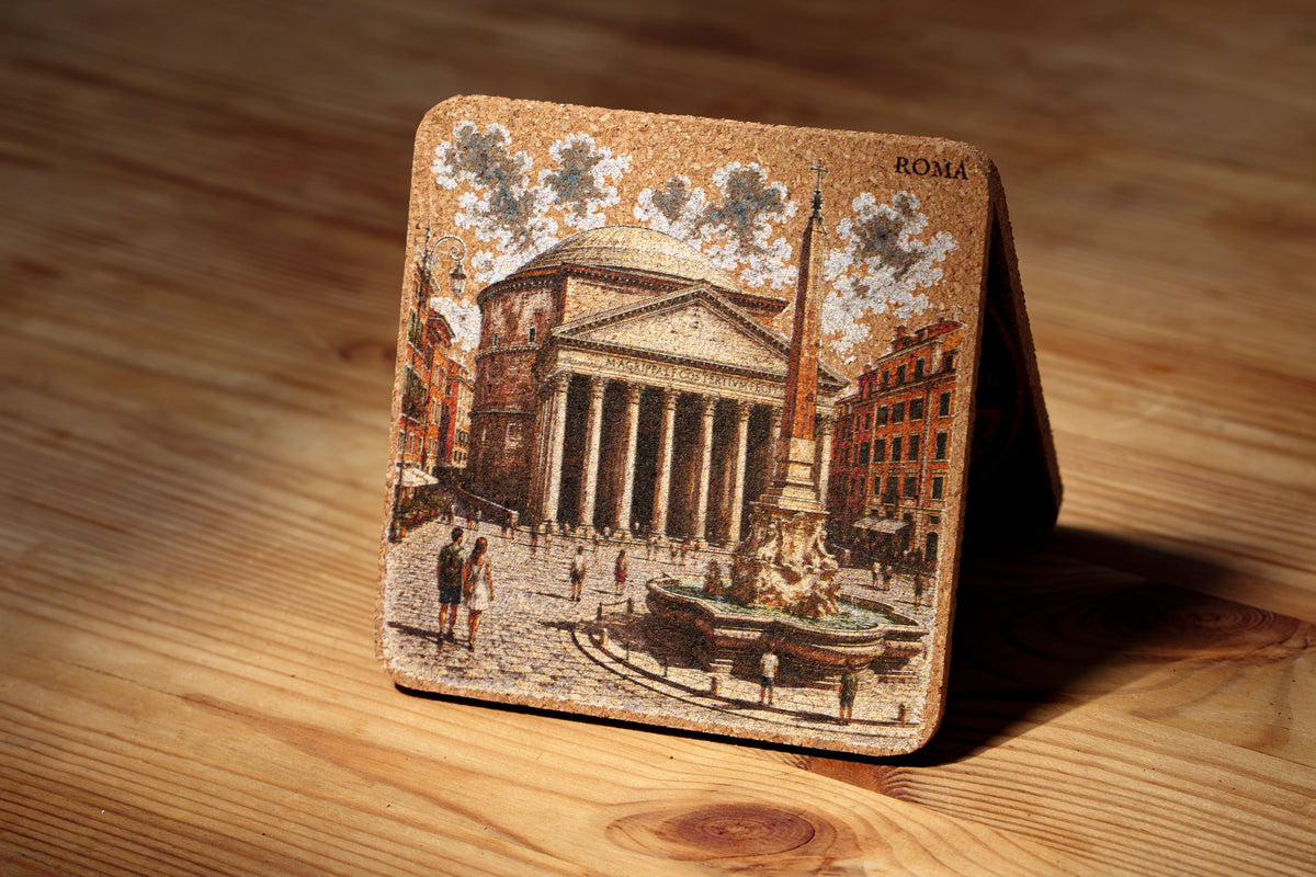 RomAntica Design cork coaster Pantheon and obelisk fountain — natural cork Rome souvenir 10x10cm