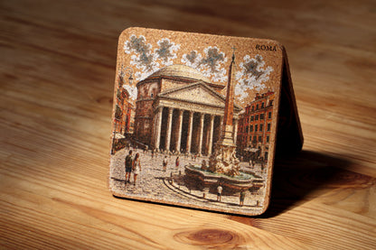 RomAntica Design cork coaster Pantheon and obelisk fountain — natural cork Rome souvenir 10x10cm