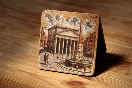 RomAntica Design cork coaster Pantheon and obelisk fountain — natural cork Rome souvenir 10x10cm